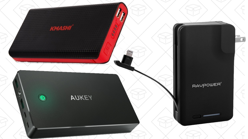 KMASHI 15,000 mAh Battery Pack, $13 with code W8WP6GHU | Aukey 20,000mAh Battery Pack with Lightning Input, $26 with code 2AUPOWER | RAVPower 9,000mAh Battery Pack with AC Prongs and Lightning Cable, $32 with code XSI6LIB4